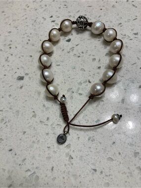 Silpada White Pearl Bead Bracelet with Brown Cord